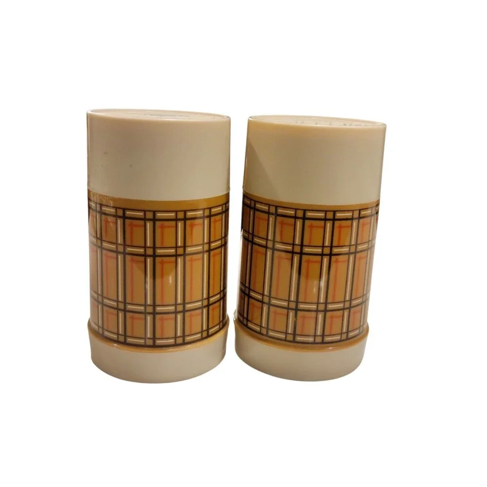 2 Vintage Aladdin Thermos Bottle Wide Mouth Pint WM4040 Plaid Gold/brown